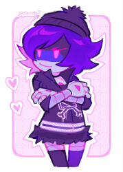 1girl android artist_name beanie black_choker black_hat black_jacket black_skirt black_thighhighs border choker closed_mouth cropped_legs crossed_arms dotted_line grid_background hat heart highres jacket looking_to_the_side mechanical_arms medium_hair miniskirt murder_drones outline pink_background pink_eyes purple_eyes purple_hair rounded_corners sakuritah skirt smirk solo spiked_hair thighhighs three-quarter_sleeves turning_head uzi_(murder_drones) white_border white_outline zettai_ryouiki zipper