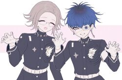 2boys 4ro_1011 aotsuki_eito armband belt black_jacket blue_eyes blue_hair claw_pose closed_eyes eyeliner eyepatch facial_mark gloves grey_hair highres hole_in_chest hole_on_body jacket korean_commentary last_defense_academy_school_uniform makeup male_focus multiple_boys omokage_yugamu open_mouth piercing red_eyeliner school_uniform short_hair smile the_hundred_line_-last_defense_academy- white_armband white_belt white_gloves