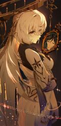 1boy 1girl absurdres ass bare_shoulders black_hair blue_hair braid breasts closed_eyes closed_mouth colored_extremities detached_sleeves dress genshin_impact gold gradient_hair hair_between_eyes hand_on_own_arm highres holding_own_arm istaroth_(genshin_impact) jewelry long_hair multicolored_hair ra_nun777 twin_braids venti_(genshin_impact) very_long_hair white_dress white_hair yellow_eyes