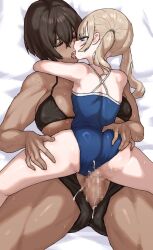 1futa 1girl blonde_hair breasts brown_hair censored competition_school_swimsuit dark_skin futa_with_female futanari hands_on_another&#039;s_thighs height_difference highres kei_(m_k) large_breasts loli long_hair m_k mosaic_censoring original ponytail rika_(m_k) school_swimsuit sex short_hair simple_background size_difference sweat swimsuit tall tan