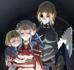 1girl 2boys aged_down armor armored_gloves black_armor black_fur blonde_hair blue_cape blue_eyes breasts cape child closed_mouth commentary_request dimitri_alexandre_blaiddyd dimitri_alexandre_blaiddyd_(timeskip) dimitri_alexandre_blaiddyd_(young) dress dual_persona edelgard_von_hresvelg edelgard_von_hresvelg_(timeskip) eyepatch fire_emblem fire_emblem:_three_houses fur_trim gloves hair_between_eyes highres horns long_hair looking_at_another male_focus multiple_boys nintendo purple_eyes red_cape red_dress red_gloves soma_otakuu standing upper_body white_fur white_hair