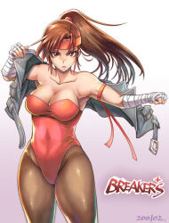 1girl bandaged_hand bandages bare_shoulders breakers breasts brown_eyes brown_hair collarbone commentary_request copyright_name covered_navel dated gradient_background headband highleg highleg_leotard jacket leotard long_hair looking_at_viewer medium_breasts open_clothes open_jacket pantyhose parted_lips ponytail red_leotard sata_furi shiny_clothes simple_background skin_tight sleeveless sleeveless_jacket strapless strapless_leotard tia_langray