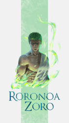 1boy abs absurdres artist_name character_name commentary daslvathomas deviantart_username earrings english_commentary green_eyes green_hair highres jewelry looking_at_viewer male_focus one_eye_closed one_piece realistic roronoa_zoro scar scar_across_eye scar_on_face short_hair single_earring solo topless_male