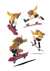 1girl absurdres black_footwear black_shorts brown_eyes brown_hair closed_mouth commentary english_commentary full_body highres hood hoodie indy_grab kickflip linne_(under_night_in-birth) long_sleeves multiple_views ollie_(skateboarding) short_hair shorts simple_background skateboard sleepy_frippy under_night_in-birth v-shaped_eyebrows white_background yellow_hoodie