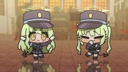 2girls :&lt; :d =_= animated animated_gif armband black_shorts black_skirt blue_archive blue_armband blurry blurry_background blush_stickers chibi chibi_only demon_tail fang gloves green_hair halo hat highres hikari_(blue_archive) long_hair looping_animation multiple_girls nozomi_(blue_archive) open_mouth pantyhose peaked_cap pleated_skirt pointy_ears rabbit_pose reflection shorts siblings sidelocks sisters skirt smile tail tile_floor tiles train train_conductor twins twintails white_gloves white_pantyhose yellow_eyes zeroku77