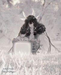 1girl angel_wings artist_name black_hair blurry blurry_background closed_eyes clothes_over_shoulder coat columbina_(genshin_impact) crt fatui_coat feathered_wings fur_trim genshin_impact hair_between_eyes hair_ornament hair_ribbon hand_rest hashtag-only_commentary head_down head_wings highres leaning_forward light_smile long_hair multicolored_hair multiple_wings pink_hair ribbon signature snow solo very_long_hair white_coat white_theme white_undershirt white_wings wings yumicowyvern