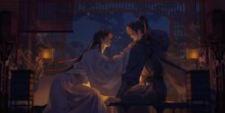 2boys blue_hanfu blurry blurry_foreground braid brown_eyes brown_hair cape chinese_clothes chinese_commentary closed_mouth depth_of_field earrings eye_contact fur-trimmed_cape fur_trim hair_ribbon hand_on_another&#039;s_chin hanfu hanging_lantern headband high_ponytail highres holding_hands indoors jewelry juchuanye lantern long_hair long_sleeves looking_at_another male_focus multiple_boys night ponytail qiang_jin_jiu red_ribbon ribbon sash shen_zechuan sitting smile smoke tree white_hanfu wide_sleeves window_blinds xiao_chiye