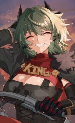 1girl arm_behind_head black_jacket breasts caesar_king_(zenless_zone_zero) chawarabi cleavage commentary fur-trimmed_jacket fur_trim green_hair hair_intakes highres holding_handlebar horns jacket large_breasts mechanical_horns night night_sky open_mouth outdoors prosthesis prosthetic_arm short_hair sky smile teeth zenless_zone_zero