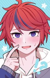 1boy ahoge blue_background blue_eyes blue_hair blush fingernails hand_up looking_at_viewer male_focus multicolored_eyes multicolored_hair open_mouth red_eyes red_hair simple_background solo star_(symbol) sumino_takumi sweat the_hundred_line_-last_defense_academy-