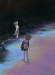 2girls absurdres bang_dream! bang_dream!_it&#039;s_mygo!!!!! black_shorts blonde_hair blue_hoodie commentary english_commentary grey_hair grey_skirt highres hood hood_down hoodie medium_hair misumi_uika multiple_girls shirt short_hair shorts skirt sky star_(sky) starry_sky takamatsu_tomori wading white_shirt xenoee