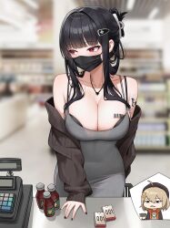 2girls absurdres ahoge anis_(nikke) barcode barcode_tattoo black_bra black_hair black_sweater blurry blurry_background bottle bra bra_peek breasts buying_condoms cash_register cashier cleavage collarbone commentary_request convenience_store d_(killer_wife)_(nikke) d_(nikke) dongtan_dress dress goddess_of_victory:_nikke grey_dress heart heart_necklace highres indoors jewelry kai_si_(hscn5578) large_breasts long_hair mask meme_attire mouth_mask multiple_girls necklace official_alternate_costume red_eyes shop sweater tattoo underwear