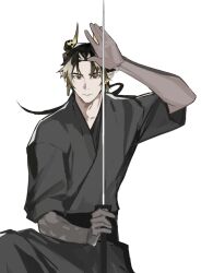 1boy arknights arm_up black_hair black_kimono chinese_commentary chongyue_(arknights) closed_mouth colored_extremities commentary_request earrings grey_hair hair_intakes highres holding holding_sword holding_weapon horns japanese_clothes jewelry katana kimono long_hair male_focus multicolored_hair pointy_ears red_eyes short_sleeves simple_background solo somnolence_(hranxy) streaked_hair sword weapon white_background