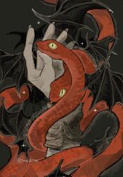 1boy absurdres animal animal_focus bat_wings black_background bracelet elden_ring elden_ring:_shadow_of_the_erdtree fingernails forked_tongue highres jewelry looking_at_viewer messmer_the_impaler out_of_frame red_snake sharp_fingernails simple_background slit_pupils snake sparkle tongue tongue_out twitter_username wings yashiki_(gh0st_5010) yellow_eyes