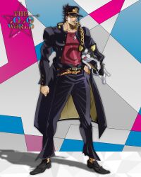 1boy araki_hirohiko_(style) belt black_hair boston_terrier chain dog earrings full_body gakuran genda_art hat highres iggy_(jojo) jewelry jojo_no_kimyou_na_bouken kuujou_joutarou long_coat male_focus muscular official_style pants school_uniform shirt shoes solo stardust_crusaders stud_earrings terrier_(dog)