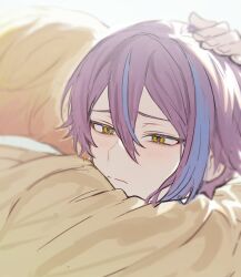 2boys absurdres blonde_hair blue_hair closed_mouth commentary_request double-parted_bangs hair_between_eyes hand_on_another&#039;s_head highres hikentai3 hug jacket kamishiro_rui male_focus multicolored_hair multiple_boys project_sekai purple_hair school_uniform streaked_hair suit_jacket tenma_tsukasa two-tone_hair upper_body white_background yellow_eyes yellow_jacket