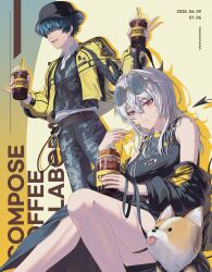 1boy 1girl absurdres bare_shoulders black_hat black_horns black_jacket black_pants black_shirt black_tail blue_hair brant_(wuthering_waves) breasts clothes_down collared_shirt commentary compose_coffee cup curled_horns dated demon_tail disposable_cup dog drinking_straw eating english_commentary feet_out_of_frame fork hair_between_eyes hat highres holding holding_cup holding_fork horns jacket large_breasts looking_at_viewer mole mole_under_eye nininininil official_alternate_costume open_clothes open_jacket pants purple_eyes red_eyes shirt short_hair sitting smile tail thighs wuthering_waves yellow_jacket zani_(wuthering_waves)
