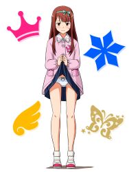 Rule 34 | 1girl, blue skirt, blush, bobby socks, bow, bow panties, brown hair, bug, butterfly, closed mouth, clothes lift, collared shirt, commentary, crotch seam, crown, frown, full body, hair ribbon, highres, idolmaster, idolmaster million live!, insect, kindergarten uniform, lielos, lifting own clothes, long hair, long sleeves, looking at viewer, miniskirt, name tag, panties, pink shirt, pleated skirt, red eyes, ribbon, shadow, shirt, shoes, shorts, simple background, skirt, skirt lift, snowflakes, socks, solo, standing, sweatdrop, tanaka kotoha, underwear, uwabaki, white background, white panties, white shirt, white shorts, white socks, wings