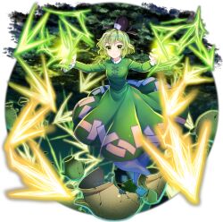 1girl black_hat breasts broken closed_mouth cross-laced_clothes dress electricity electrokinesis full_body game_cg ghost_tail green_dress green_eyes green_hair hat highres jar long_sleeves looking_at_viewer official_art ofuda ofuda_on_clothes rotte_(1109) short_hair soga_no_tojiko solo tate_eboshi third-party_source touhou touhou_lostword transparent_background