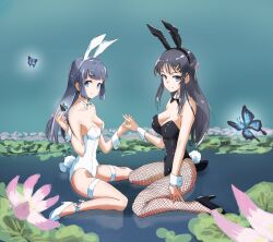 2girls animal_ear_hairband animal_ears bare_legs black_bow black_bowtie black_hair black_leotard blue_eyes bow bowtie breasts bug butterfly cleavage detached_collar fake_animal_ears fishnet_pantyhose fishnets flower hairband highres insect leotard long_hair makinohara_shouko medium_breasts multiple_girls own_hands_clasped own_hands_together pantyhose playboy_bunny purple_eyes rabbit_ears rabbit_tail sakurajima_mai seishun_buta_yarou smile strapless strapless_leotard tail tsutarou white_leotard wrist_cuffs