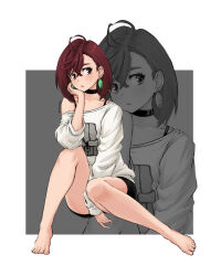 1girl ayase_momo azurdraws bare_legs barefoot black_choker black_shorts choker dandadan earrings feet hair_behind_ear highres jewelry legs long_sleeves off_shoulder shirt short_hair shorts solo toenails toes white_shirt