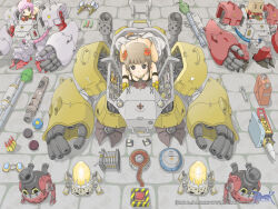 Rule 34 | 1boy, 2girls, armor, artist request, ball, bent over, bikini, bikini top only, black bikini, blunt bangs, blush, box on head, breasts, brown eyes, brown hair, bullet, check artist, chibi, chibi only, closed mouth, cobblestone, copyright notice, floppy disk, flower, full body, goggles, grey jumpsuit, guest art, hair flower, hair ornament, highres, jerry can, jumpsuit, jumpsuit around waist, logo, looking at viewer, mecha, mechanic (ragnarok online), medium breasts, minamura haruki, multiple girls, official art, official wallpaper, orange flower, pauldrons, pile bunker, pink hair, ragnarok online, red armor, robot, rocket launcher, rpg (weapon), short hair, shoulder armor, smile, solo focus, swimsuit, temari ball, unworn goggles, vambraces, weapon, wrench, yellow armor