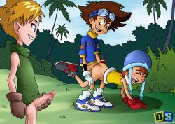 1boy 2girls blonde_hair brown_eyes digimon digimon_adventure drawn-sex goggles goggles_on_head happy ishida_yamato kodomo_doushi loli masturbation multiple_girls open_mouth shota smile takenouchi_sora yagami_taichi