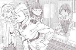 1boy 3girls ak-74 akm assault_rifle black_hair bonnet caribou_worker_seki_(yurucamp) cashier garrison_cap glasses gun hat horikou inuyama_aoi jacket kalashnikov_rifle multiple_girls oogaki_chiaki rifle soldier soviet soviet_army uniform weapon winter_clothes yurucamp
