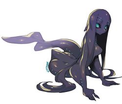1girl bioluminescence black_sclera black_skin blue_eyes breasts colored_sclera colored_skin female_focus fins glowing glowing_eyes legless monster_girl no_nipples original simple_background solo tail white_background yeeeebis