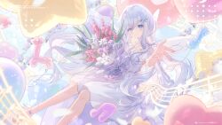 1girl animal_balloon artist_logo artist_name balloon blue_eyes bouquet commission dress flower hair_ornament highres holding holding_bouquet logo long_hair looking_at_viewer musical_note off-shoulder_dress off_shoulder original pink_flower purple_flower reaching reaching_towards_viewer sheet_music smile snowflake_hair_ornament solo umehara_sei very_long_hair virtual_youtuber watermark white_dress white_flower white_hair