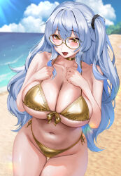 1girl absurdres beach bikini blue_hair blush breasts brown_eyes choker commission curvy front-tie_bikini_top front-tie_top glasses gold_bikini gold_choker highres kisaragi_tsurugi large_breasts long_hair navel open_mouth original outdoors pixiv_commission side-tie_bikini_bottom solo stomach swimsuit