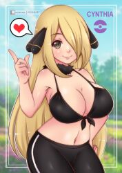 1girl bikini bikini_top_only black_bikini black_pants blonde_hair blush breasts brown_eyes cleavage cloud collarbone creatures_(company) cynthia_(pokemon) fur_collar game_freak grass hair_ornament hair_over_one_eye hand_on_own_hip heart index_finger_raised large_breasts long_hair looking_at_viewer misune_art navel nintendo pants poke_ball_symbol pokemon pokemon_dppt sky smile speech_bubble spoken_heart standing swimsuit tree