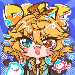 1girl :d aqua_eyes aqua_shirt black_gloves black_jacket blonde_hair blue_background blush_stickers chibi cindryshoo dokibird dokibird_(bounty_hunter) dokibird_(tomato) dragoon_(dokibird) fang finger_gun gloves hair_ornament hairclip heterochromia highres indie_virtual_youtuber jacket looking_at_viewer neckerchief open_clothes open_jacket open_mouth red_eyes shirt skin_fang smile solo straight-on upper_body virtual_youtuber yellow_neckerchief