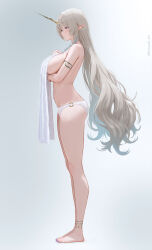 1girl anklet arm_under_breasts armlet barefoot blue_eyes breasts covering_breasts covering_privates fleurdelys_(wuthering_waves) from_side grey_hair haruyuki_(karem) highres horns jewelry large_breasts long_hair long_horns looking_ahead nail_polish panties pointy_ears simple_background single_horn solo standing toenail_polish toenails topless_female towel underwear very_long_hair white_background white_panties wuthering_waves yellow_horns