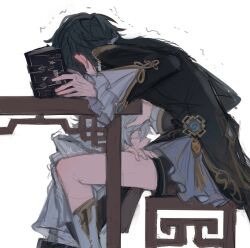 2boys black_shirt black_shorts blue_hair blush book chongyun_(genshin_impact) ear_blush frilled_sleeves frills genshin_impact highres holding holding_book hood hydro_symbol_(genshin_impact) long_sleeves male_focus multiple_boys oral shirt short_hair shorts sitting table trembling tuhuoooo under_table vision_(genshin_impact) xingqiu_(genshin_impact) yaoi