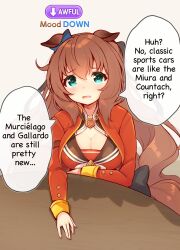 Rule 34 | 1girl, animal ears, bow, breasts, brown hair, cleavage, ear bow, ear ornament, english text, gameplay mechanics, highres, horse ears, horse girl, large breasts, long hair, looking at viewer, maruzensky (umamusume), melon-fox, meme, parody, red serafuku, retro games sanae (meme), school uniform, serafuku, sitting, solo, table, umamusume