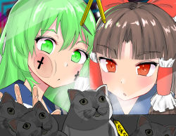 2girls absurdres against_glass benikurage_(cookie) bow brown_hair cat character_doll cheek_squash chinese_commentary commentary_request cookie_(touhou) crane_game cross doll facepaint frilled_hair_tubes frills green_eyes green_hair hair_bow hair_tubes hakurei_reimu highres kochiya_sanae long_hair manatsu_no_yo_no_inmu miura_cat multiple_girls nekokatana_catana open_mouth parted_bangs paseri_(cookie) portrait red_bow red_eyes touhou