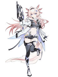 1girl ahoge axolotl_ears axolotl_girl axolotl_tail black_gloves black_shirt black_shorts black_thighhighs blue_eyes breasts bright_pupils closed_mouth crop_top einheadt finger_on_trigger fingerless_gloves full_body gloves gun hairband hand_up highres holding holding_gun holding_weapon jacket long_hair long_sleeves looking_at_viewer medium_breasts micro_shorts midriff navel open_clothes open_jacket original pink_hair see-through_clothes see-through_shirt shirt shoes shorts simple_background smile solo standing standing_on_one_leg thighhighs thighs undershirt weapon white_background white_jacket white_shoes