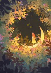 1girl artist_name crescent crescent_moon dress english_text flower highres huhv. leaf long_hair moon nature night original outdoors pink_flower plant solo standing star_(symbol)