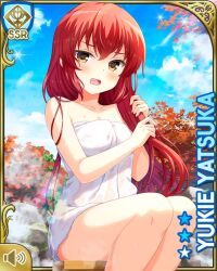 1girl :o alternate_hairstyle bare_arms barefoot breasts brown_eyes card_(medium) day girlfriend_(kari) japanese_clothes kimono long_hair looking_at_viewer official_art onsen open_mouth outdoors qp:flapper red_hair sitting solo towel white_towel yatsuka_yukie yukata