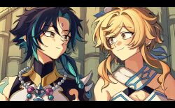 Rule 34 | 1boy, 1girl, arm tattoo, bamboo, bead necklace, beads, black hair, blonde hair, blue hair, breasts, cleavage, closed mouth, commentary request, facial mark, flower, forehead mark, genshin impact, hair between eyes, hair flower, hair ornament, hetero, highres, isaraa 005, jewelry, korean commentary, letterboxed, lumine (genshin impact), makeup, medium breasts, multicolored hair, necklace, orange eyes, short hair with long locks, spikes, tattoo, upper body, white flower, xiao (genshin impact), yellow eyes