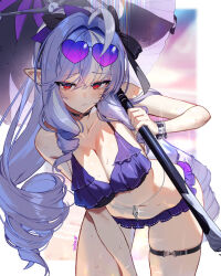 1girl bikini black_choker bracelet breasts choker cleavage commentary_request drill_hair eyewear_on_head heart heart-shaped_eyewear holding holding_umbrella jewelry long_hair looking_at_viewer medium_breasts multicolored_hair navel pointy_ears purple_bikini purple_hair red_eyes scottie_(phantom2) solo streaked_hair sunglasses sweat swimsuit thighs umbrella vivian_banshee zenless_zone_zero