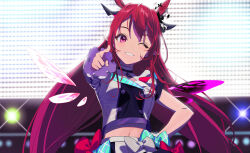 Rule 34 | 1girl, animal ears, asymmetrical sleeves, asymmetrical wings, bloom (irys), blue bow, blush, bow, breasts, buttons, detached wings, double-breasted, extra ears, foreshortening, frilled sleeves, frills, gloom (irys), grin, hand on own hip, highres, hololive, hololive english, hololive idol uniform (bright), horns, horse ears, idol, idol clothes, irys (hololive), long hair, looking at viewer, medium breasts, midriff, mismatched wings, navel, official alternate costume, one eye closed, pako (pakosun), pointing, pointing at viewer, pointy ears, purple eyes, red bow, red hair, shirt, smile, solo, stage lights, standing, upper body, very long hair, virtual youtuber, white bow, white shirt, wings