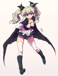 1girl absurdres anchovy_(girls_und_panzer) anzio_school_uniform breasts cape cleavage drill_hair erakin girls_und_panzer green_hair grin hands_on_own_hips highres large_breasts long_hair looking_at_viewer miniskirt red_eyes school_uniform simple_background skirt smile solo thighhighs twin_drills twintails white_background white_thighhighs