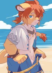 1boy absurdres animal_ears beach blue_eyes blue_shorts blue_sky claws closed_mouth commentary_request furry furry_male highres hood hood_down hooded_jacket jacket linger9999 lion_boy lion_ears lion_tail looking_at_viewer male_focus navel ocean open_clothes open_shirt open_shorts penis penis_peek ponytail sand shorts shota sky tail theo_(world_flipper) weibo_username whiskers white_jacket world_flipper