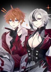 ! !! 1boy 1girl absurdres ahoge arlecchino_(genshin_impact) black_eyes blue_eyes breasts center_opening chinese_commentary cleavage closed_mouth collared_shirt collared_vest colored_skin corset couple curly_hair ear_piercing formal_clothes friends genshin_impact grey_background grey_hair grey_jacket hair_between_eyes hand_up highres hoyofair index_finger_raised jacket jewelry large_breasts light_smile long_sleeves looking_at_viewer low_ponytail multicolored_eyes multicolored_hair multicolored_skin necklace off_shoulder open_clothes open_jacket open_mouth orange_hair piercing pink_shirt ponytail red_pupils red_suit shirt short_hair smirk snowfeng236 sparkle spotlight standing streaked_hair suit symbol-shaped_pupils tartaglia_(genshin_impact) two-tone_skin upper_body vest wide_sleeves x-shaped_pupils x_x