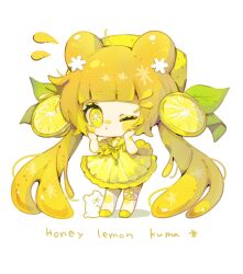 1girl absurdly_long_hair bear blonde_hair blunt_bangs blush_stickers bright_pupils chibi chibi_only creature double_bun dress flying_sweatdrops food food-themed_hair_ornament fruit full_body hair_bun hair_ornament hands_on_own_cheeks hands_on_own_face hands_up highres leaf_hair_ornament lemon lemon_hair_ornament lemon_slice liquid_hair long_hair looking_at_viewer low_twintails neckerchief no_sclera one_eye_closed original romaji_text sailor_collar shoes simple_background solo standing symbol-shaped_pupils tabasukokororin thighhighs twintails very_long_hair white_background white_pupils yellow_dress yellow_eyes yellow_neckerchief yellow_sailor_collar yellow_shoes