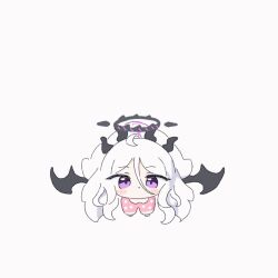 &gt;_&lt; 1girl :3 absurdly_long_hair animated animated_gif black_halo blue_archive blush_stickers chibi closed_eyes closed_mouth commentary grey_hair hair_between_eyes halo hina_(blue_archive) hina_(pajamas)_(blue_archive) horns incoming_hug long_hair looking_at_viewer no_nose outstretched_arms pink_shirt polka_dot polka_dot_shirt purple_eyes shirt solo umihio v-shaped_eyebrows very_long_hair