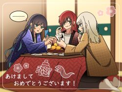 Rule 34 | 3girls, ado (utaite), black hair, blue eyes, blue hair, blue jacket, brown jacket, card, chando (ado), colored inner hair, commentary request, eating, grey hair, highres, indoors, jacket, korean commentary, long hair, lugosi (ado), mole, mole under eye, multicolored hair, multiple girls, pike (azas ef), playing card, red hair, red jacket, show (ado), sidelocks, sweatdrop, translation request, unmoving pattern