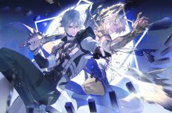 2boys alternate_form antenna_hair armor back-to-back bantian_daxi black_choker black_gloves black_pants black_shirt blonde_hair blue_cape blue_eyes cape choker coat commentary cracked_skin dual_persona fingerless_gloves floating_cape gloves hair_between_eyes halo halo_behind_head highres holding holding_sword holding_weapon honkai:_star_rail honkai_(series) male_focus material_growth multiple_boys pants parted_bangs pauldrons phainon_(honkai:_star_rail) shirt short_hair shoulder_armor single_glove single_pauldron sword weapon white_coat white_hair yellow_blood yellow_eyes