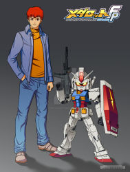 1boy amuro_ray artist_name blue_jacket clenched_hand commentary denim english_commentary glowing glowing_eyes grey_background gun gundam hand_in_pocket highres holding holding_gun holding_shield holding_weapon jacket jeans kryuchekov looking_at_viewer male_focus mecha medarot mobile_suit_gundam orange_sweater pants red_eyes redesign robot rx-78-2_gundam shield sweater v-fin v-shaped_eyebrows watermark weapon yellow_eyes